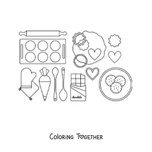 Coloring page of molds and supplies for making and baking cookies