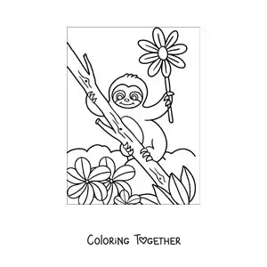 Coloring page of a cartoon kawaii sloth with spring flowers