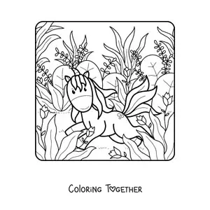 Coloring page of a cartoon unicorn in the field