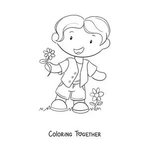 Coloring page of a cartoon boy with spring flowers