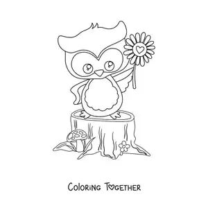 Coloring page of a kawaii owl in spring