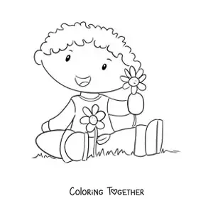 Coloring page of a kawaii boy in the countryside in spring