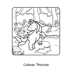 Coloring page of a unicorn in spring in the forest