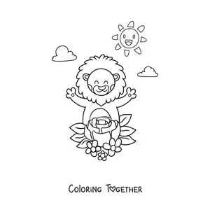 Coloring page of a cartoon kawaii lion with spring flowers
