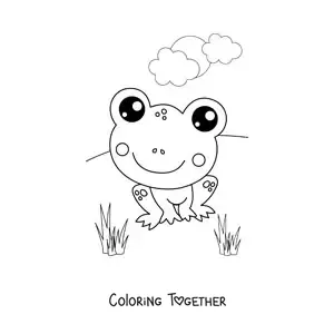 Coloring page of a kawaii frog in spring