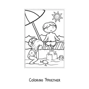 Coloring page of kawaii kids at the beach in summer