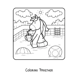 Coloring page of a cartoon unicorn in a summer pool