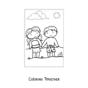 Coloring page of kawaii kids in summer