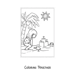 Coloring page of a kawaii girl on summer vacation