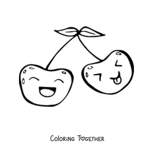 Coloring page of two kawaii cherries smiling and sticking out their tongues
