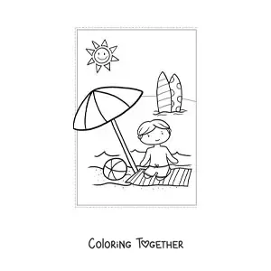 Coloring page of a kawaii boy on summer vacation