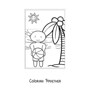 Coloring page of a kawaii boy playing in summer