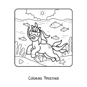Coloring page of a unicorn swimming in the sea
