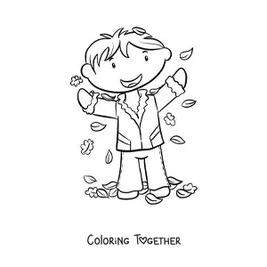 Coloring page of a kawaii boy playing with autumn leaves