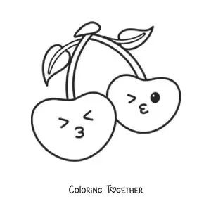 Coloring page of two kawaii cherries blowing kisses