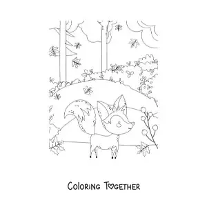 Coloring page of a kawaii fox in an autumn forest