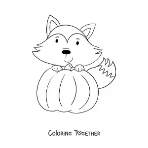 Coloring page of a kawaii fox with a pumpkin