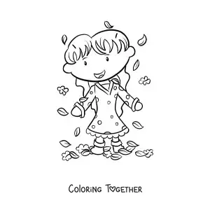 Coloring page of a girl playing with autumn leaves