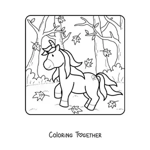 Coloring page of a unicorn in an autumn forest