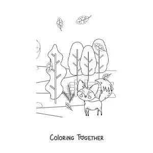 Coloring page of a fox and an autumn landscape