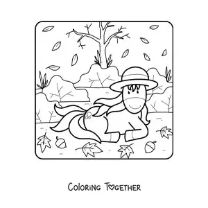 Coloring page of a unicorn resting in autumn