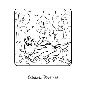 Coloring page of a unicorn among autumn leaves