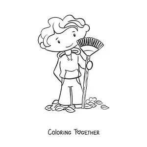 Coloring page of a boy sweeping up autumn leaves
