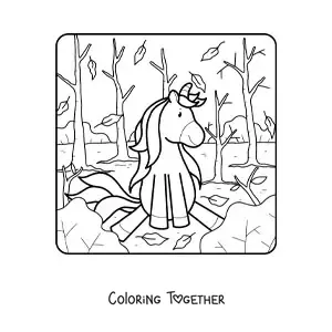 Coloring page of a unicorn in autumn
