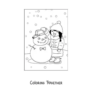 Coloring page of a kawaii girl in winter with a snowman