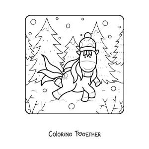 Coloring page of a unicorn in a winter forest