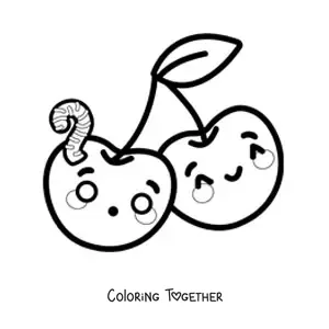 Coloring page of two kawaii cherries with a worm