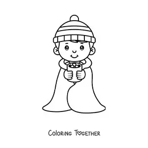Coloring page of a kawaii boy feeling cold in winter