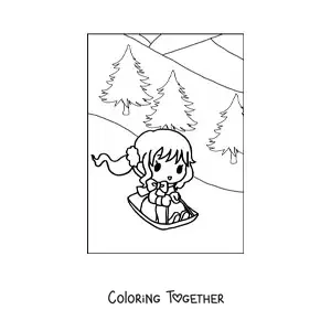 Coloring page of a kawaii girl with a sled