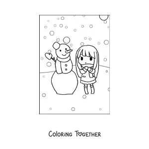 Coloring page of a kawaii girl with a snowman