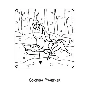Coloring page of a cartoon unicorn skiing in winter