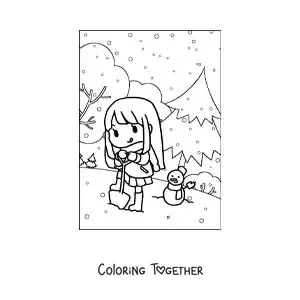 Coloring page of a kawaii girl playing in the snow