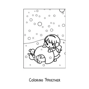 Coloring page of a kawaii girl with an igloo