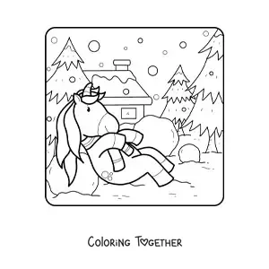 Coloring page of a unicorn playing in the snow