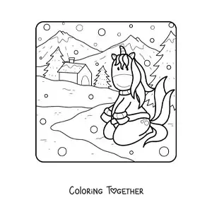Coloring page of a unicorn with a winter landscape