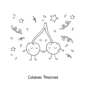 Coloring page of two cartoon cherries holding hands with confetti in the background