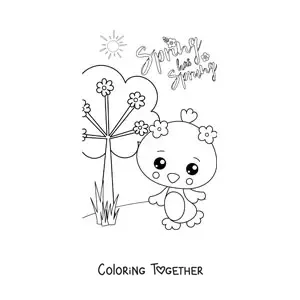 Coloring page of spring in English with a kawaii chick