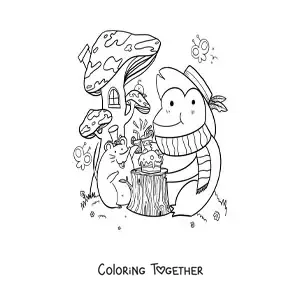 Coloring page of a cartoon kawaii frog and mouse at a party
