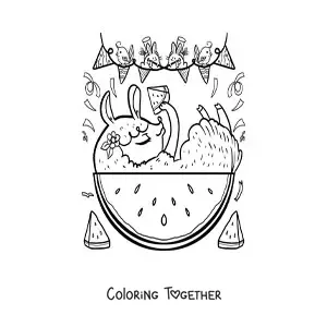 Coloring page of cartoon kawaii animals eating watermelon