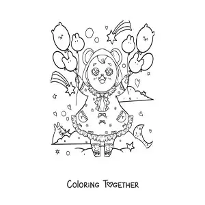 Coloring page of a cartoon kawaii bear cub with a dress and balloons