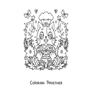 Coloring page of a cartoon kawaii chef cat with a cake