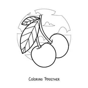 Coloring page of two cherries with clouds in the background