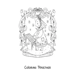 Coloring page of a cartoon kawaii bunny playing the piano