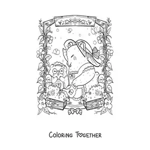 Coloring page of cartoon kawaii hamsters watering the plants