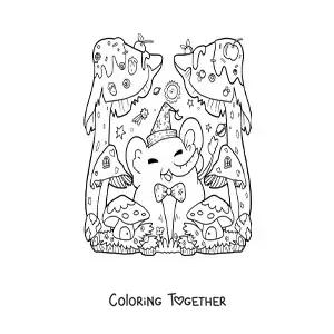 Coloring page of a cartoon kawaii elephant with fantasy mushrooms