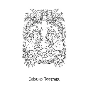 Coloring page of cartoon kawaii rams with flowers